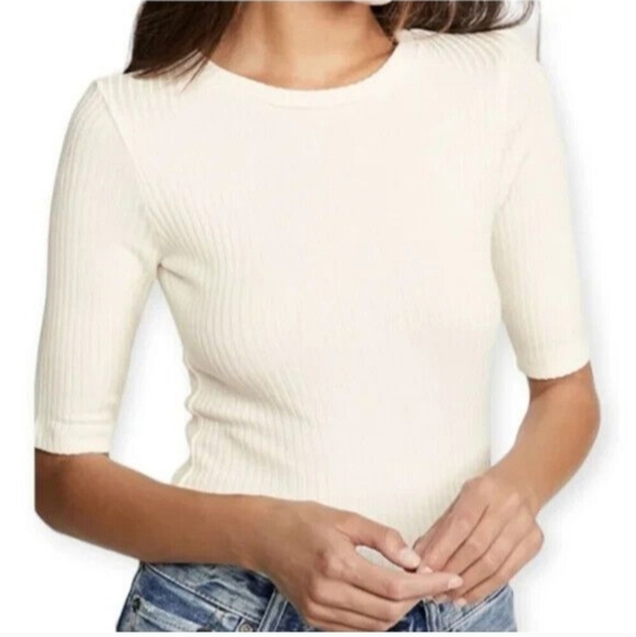 New Reformation Janine Knit Tencel Ribbed 3/4 Sleeve Pullover Ivory Top Blouse - Picture 2 of 5